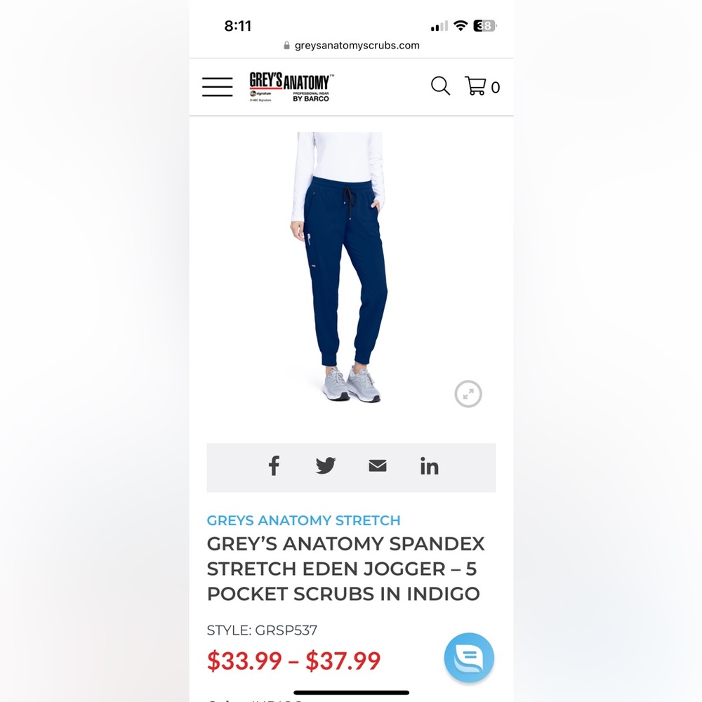 Grey’s Anatomy Women’s Spandex Stretch Eden Scrub Joggers in Navy